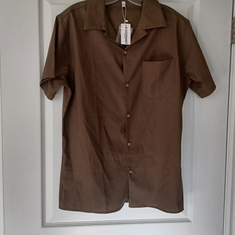 Coofandy Linen Shirt Men's Large Brown Short Sleeve